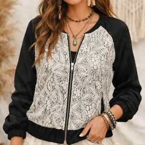 Love on a Hanger Lace Bomber Jacket Boho Black Ivory Zip Size L Romantic